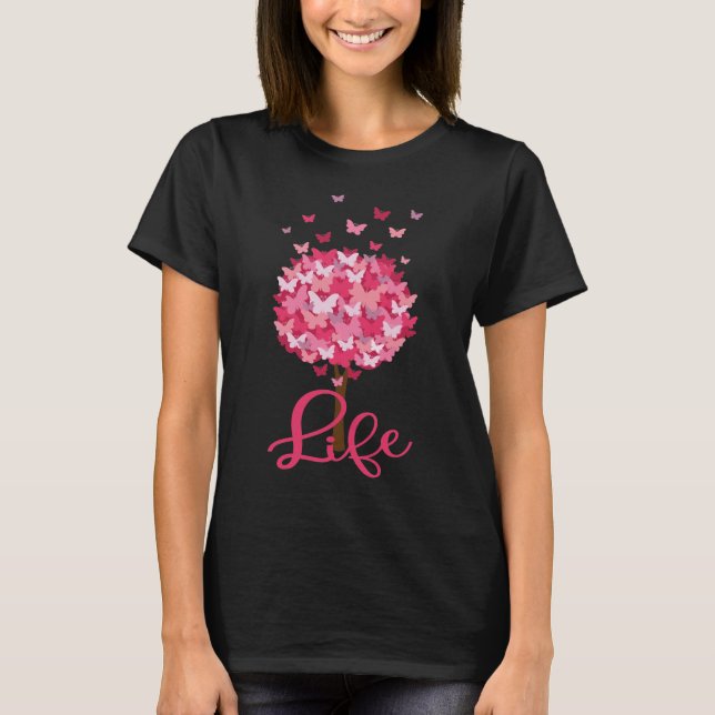 Tree of Life Butterfly Symbol Pink Inspirational T-Shirt (Front)