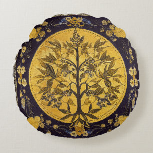Tree of Life by kedoki black gold embroidery Throw Round Cushion