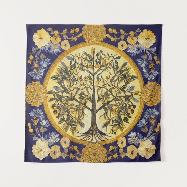 Tree of Life by kedoki Blue Gold embroidery  Tapestry (Front)
