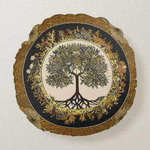 Tree of Life by kedoki Floral Gold Embroidery Thro Round Cushion