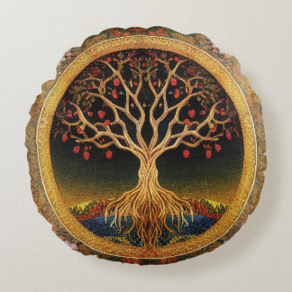 Tree of Life by kedoki Floral Vintage embroidery T Round Cushion
