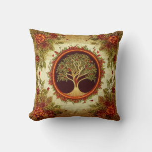 Tree of Life by kedoki Green and Orange Embroidery Cushion