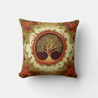 Tree of Life by kedoki Green and Orange Embroidery Cushion