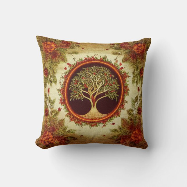 Tree of Life by kedoki Green and Orange Embroidery Cushion (Front)
