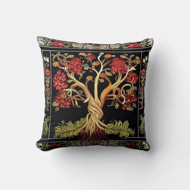 Tree of Life by kedoki Red Green Black embroidery Cushion (Front)
