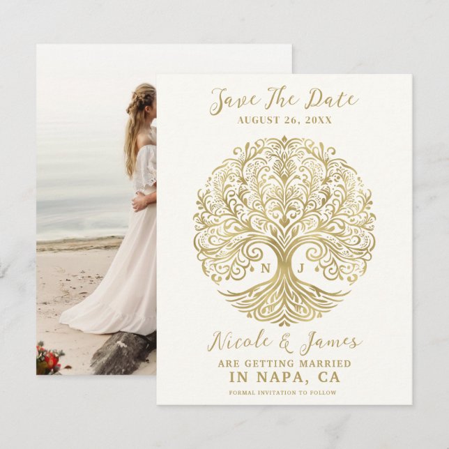 Tree of Life Cream & Gold Celtic Save the Date Invitation (Front/Back)