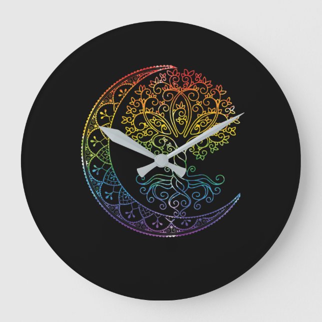 Tree of Life Cresent Moon Phases Mandala Yoga Gift Large Clock (Front)
