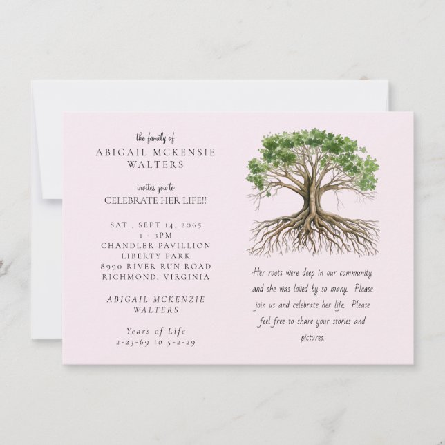 Tree of Life Deep Roots Pink Celebration of LIfe Invitation (Front)