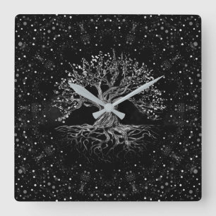 Tree of Life Drawing Black and White Square Wall Clock