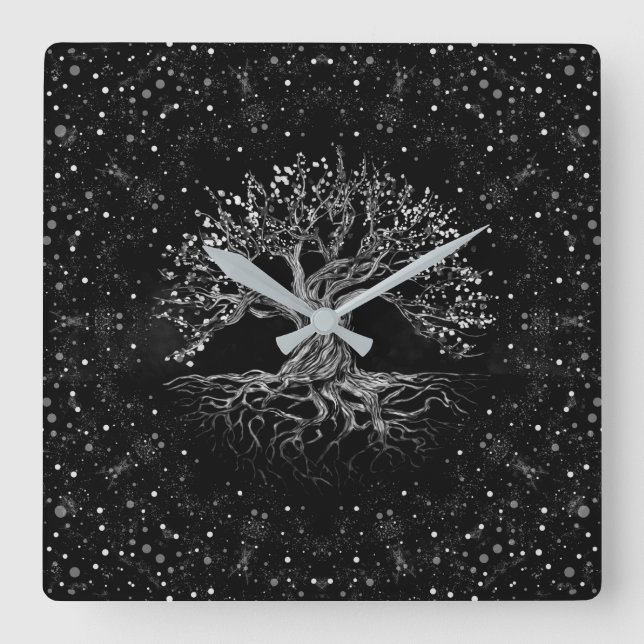 Tree of Life Drawing Black and White Square Wall Clock (Front)
