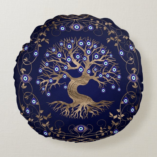 Tree of Life Evil Eye Ornament Round Cushion (Front)