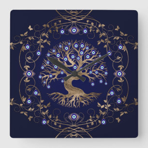 Tree of Life Evil Eye Ornament Square Wall Clock