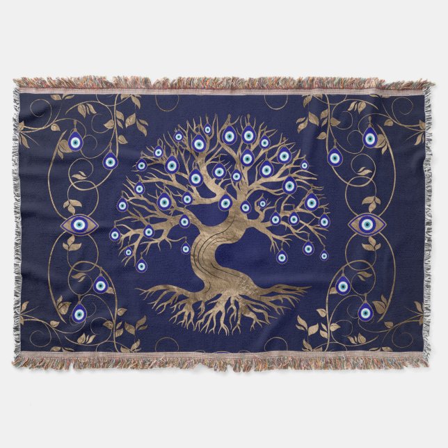 Tree of Life Evil Eye Ornament Throw Blanket (Front)