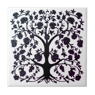 Tree of Life Floral #1 Black and White   Ceramic Tile
