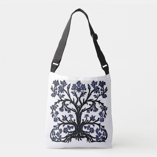 Tree of Life Floral #2 Cobalt Blue and White   Crossbody Bag (Front)