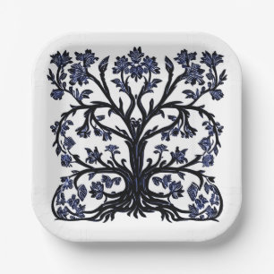 Tree of Life Floral #2 Cobalt Blue and White Paper Plate