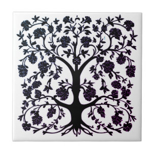Tree of Life Floral #5 Black and White  Ceramic Tile