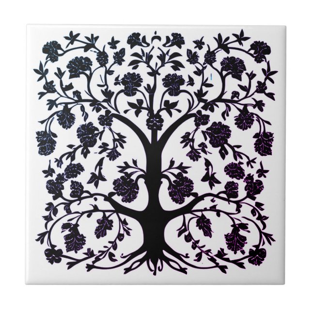 Tree of Life Floral #5 Black and White  Ceramic Tile (Front)