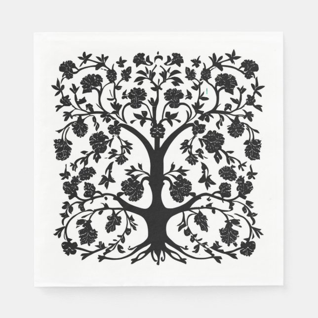 Tree of Life Floral #5 Black and White  Napkin (Front)