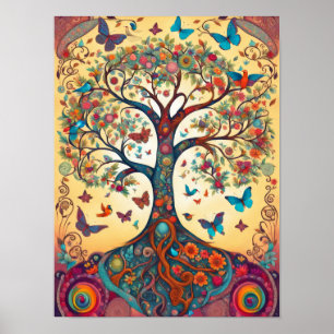 Tree of Life Folk Art Butterfly Illustration Poster