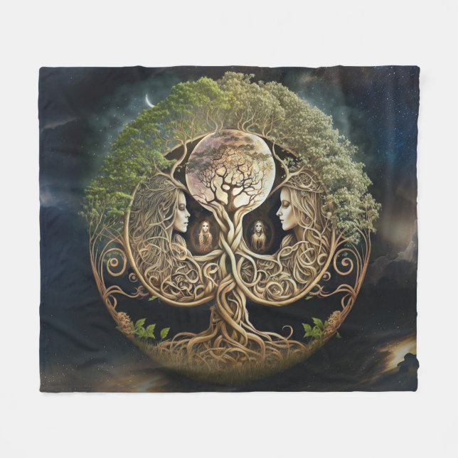 Tree of Life Goddess and Moon Fleece Blanket (Front (Horizontal))