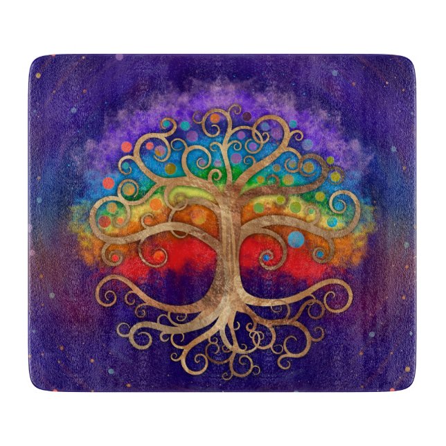 Tree of life Golden Swirl and Rainbow Cutting Board (Front)