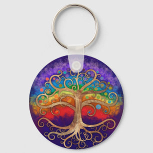 Tree of life Golden Swirl and Rainbow Key Ring