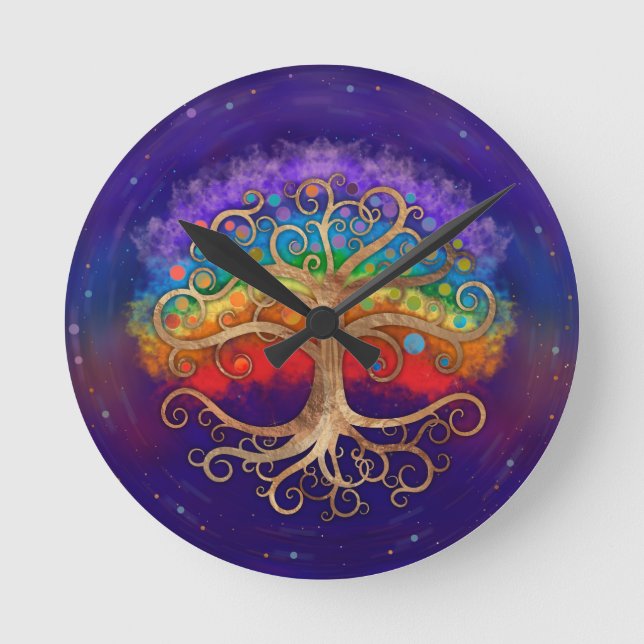 Tree of life Golden Swirl and Rainbow Round Clock (Front)
