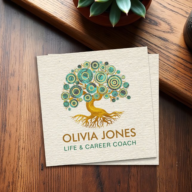 Tree of life - Green Mosaic Circles Square Business Card (Creator Uploaded)