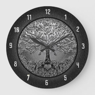 Tree of Life Heart in Black and White Large Clock