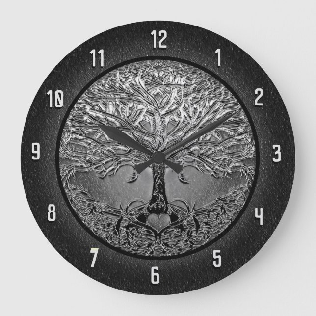 Tree of Life Heart in Black and White Large Clock (Front)