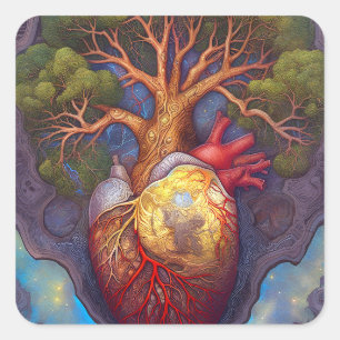 Tree Of Life Heart Surreal Nature Art Square Sticker