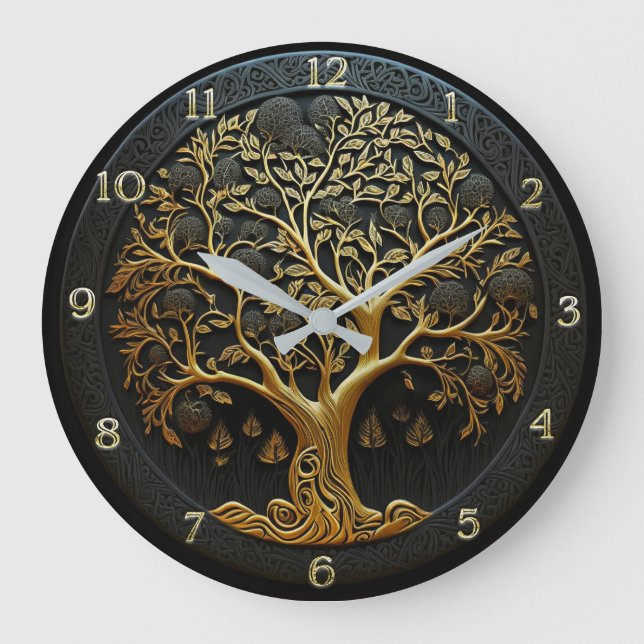 Tree of Life in Black and Gold Large Clock (Front)