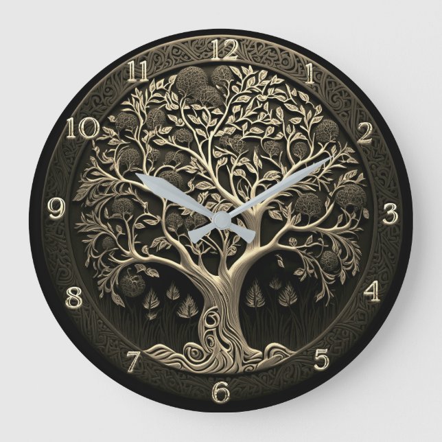 Tree of Life in Black and Gold Large Clock (Front)