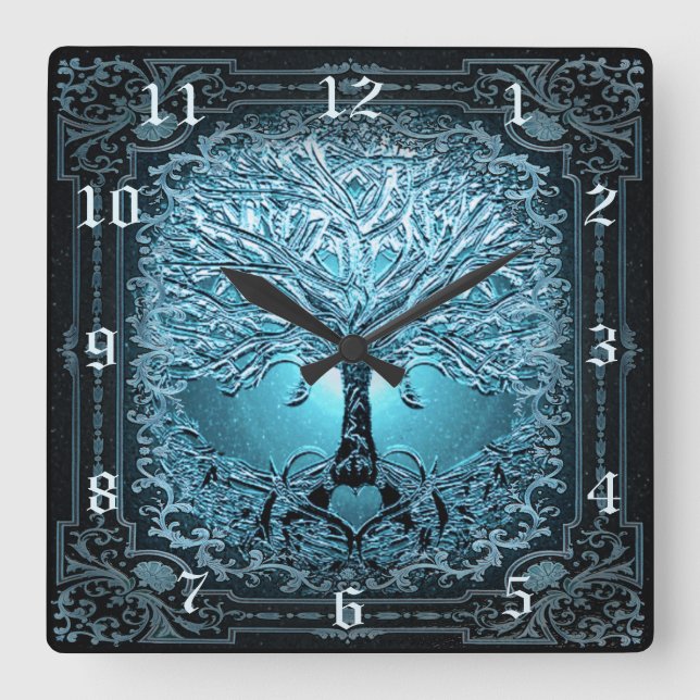 Tree of Life in Blue Square Wall Clock (Front)