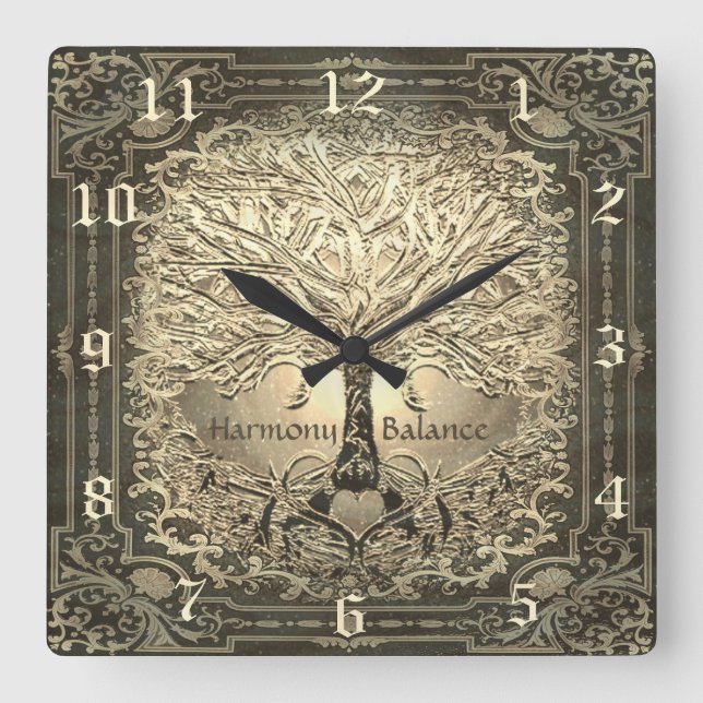 Tree of Life in Gold Square Wall Clock (Front)