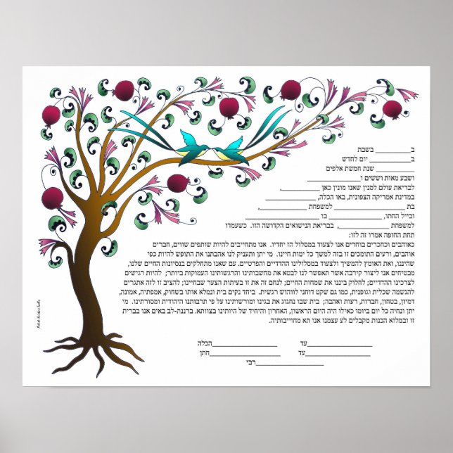 Tree of Life Ketubah in Hebrew with 7 pomegranated Poster (Front)