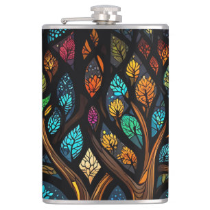 Tree of Life Mosaic Coloured leaves Stained Glass  Hip Flask