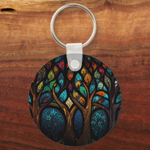 Tree of Life Mosaic Coloured leaves Stained Glass  Key Ring