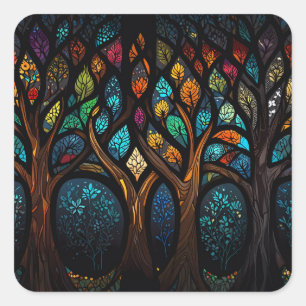 Tree of Life Mosaic Coloured leaves Stained Glass  Square Sticker