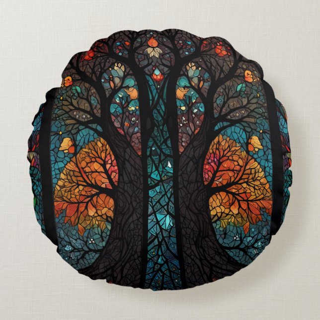 Tree of life mosaic stained glass effect round cushion (Front)