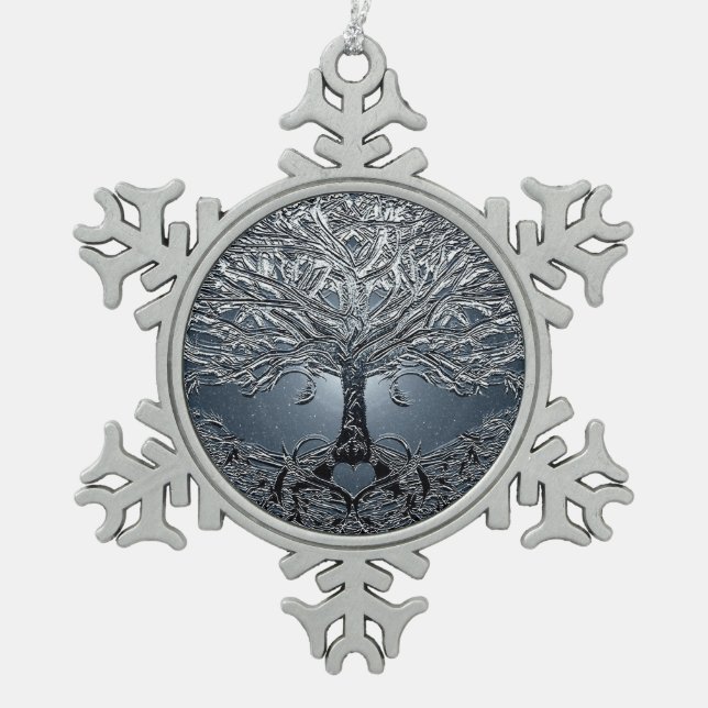 Tree of Life Nova Blue Snowflake Pewter Christmas Ornament (Front)