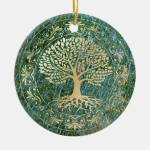 Tree of Life on Green Mosaic Glass Background Ceramic Ornament