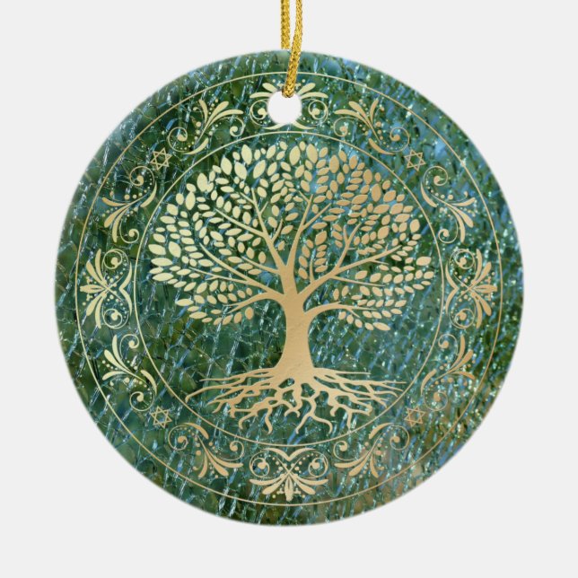 Tree of Life on Green Mosaic Glass Background Ceramic Ornament (Front)