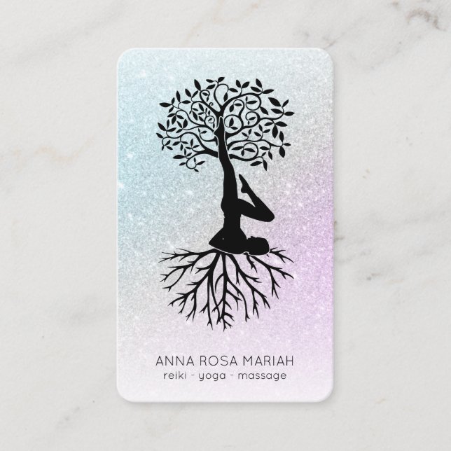 *~*  Tree of Life Pastel QR Zen Glitter Yoga Business Card (Front)