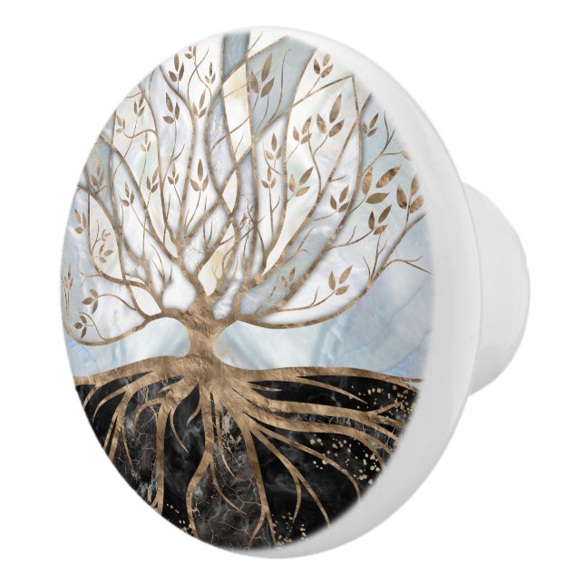 Tree of Life - Pearl, Gold and Black Marble Ceramic Knob (Right)