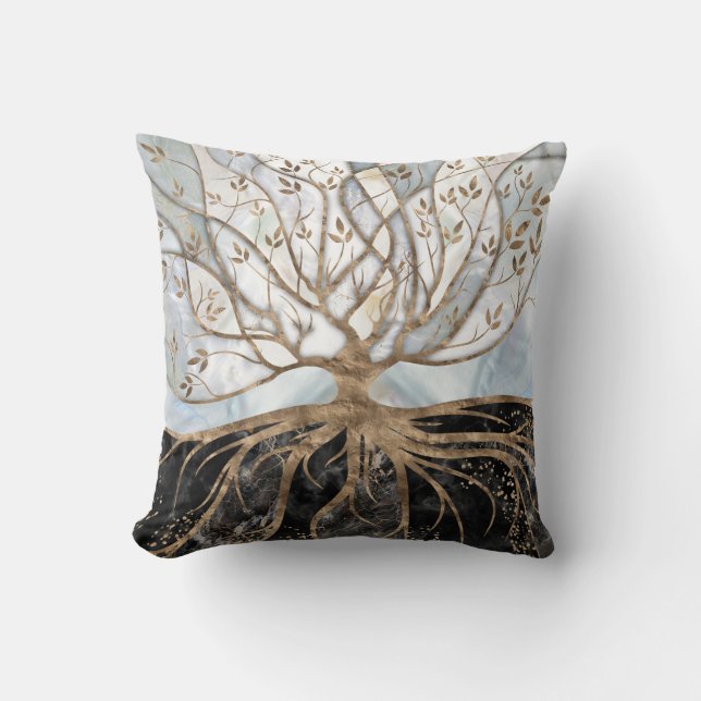 Tree of Life - Pearl, Gold and Black Marble Cushion (Front)