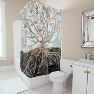 Tree of Life - Pearl, Gold and Black Marble Shower Curtain