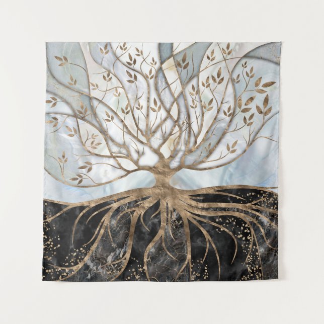 Tree of Life - Pearl, Gold and Black Marble Tapestry (Front)