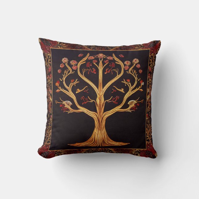 Tree of LIfe Red Gold Black Embroidery by kedoki Cushion (Front)